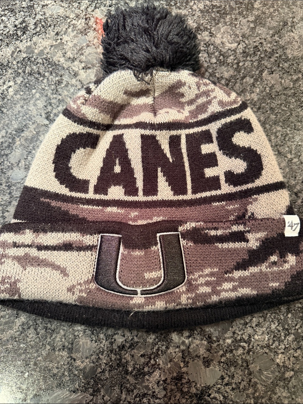 47 Brand Miami CANES Pom Pom Beanie - Black, Gray, Cream camo